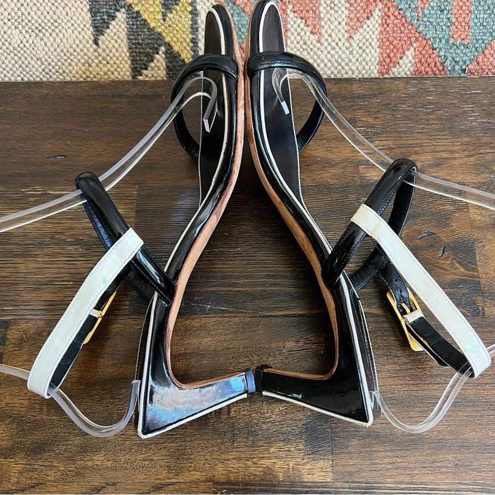 Salvatore Ferragamo Black Leather White Trim Strappy Slingback Sandals 9.5B